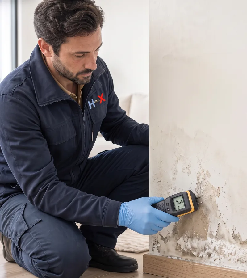 Rising damp and blown plaster at the bottom of a wall in Doncaster